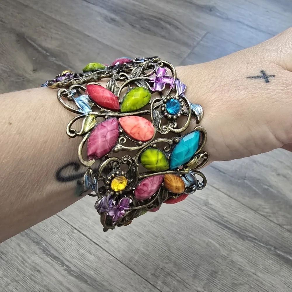 Butterfly Wide Cuff Multicolored Faceted Stone Abstract Colorful Boho Chic